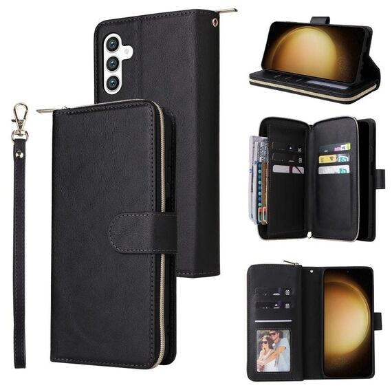Per Samsung Galaxy S25+ 5G 9-Slot per schede Portafoglio con cerniera Custodia in pelle per telefono (nero)