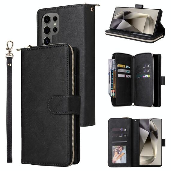 Per Samsung Galaxy S25 Ultra 5G 9-Card Slots Zipper Wallet Bag Custodia in pelle per telefono (nero)