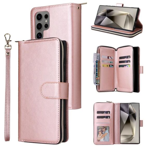 Per Samsung Galaxy S25 Ultra 5G 9-Slot per schede Portafoglio con cerniera Custodia in pelle per telefono (oro rosa)