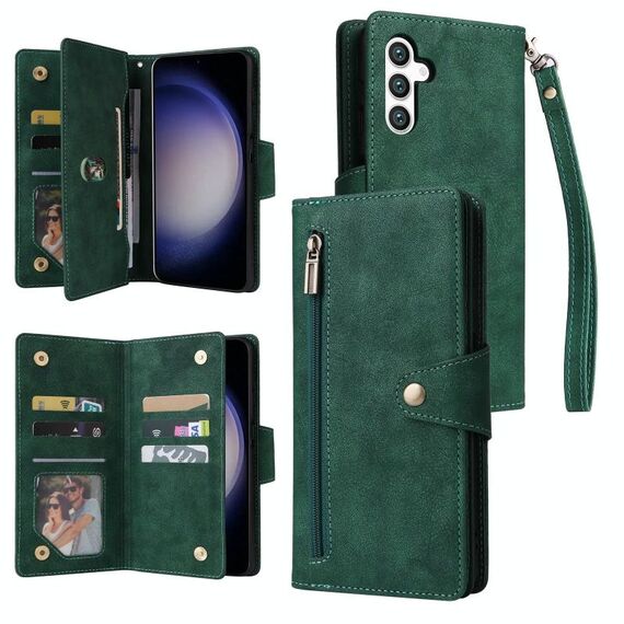 Per Samsung Galaxy S25 5G Rivet Buckle 9 Carte Custodia in Pelle a Tre Ante per Telefono (Verde)