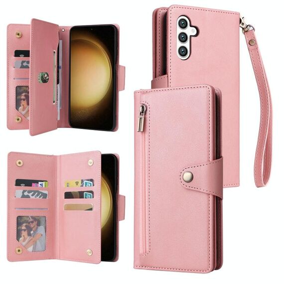 Per Samsung Galaxy S25+ 5G Rivet Buckle 9 Carte Custodia in Pelle a Tre Ante per Telefono (Oro Rosa)