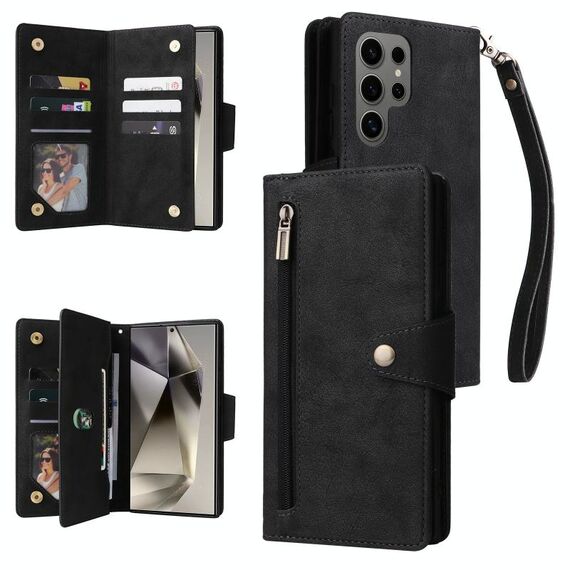 Per Samsung Galaxy S25 Ultra 5G Rivet Buckle 9 Carte Custodia in Pelle a Tre Ante per Telefono (Nero)