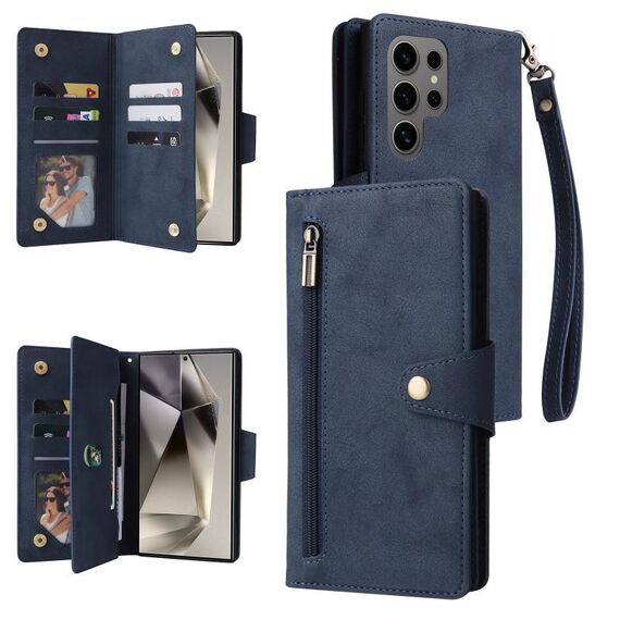 Per Samsung Galaxy S25 Ultra 5G Rivet Buckle 9 Carte Custodia in Pelle a Tre Ante per Telefono (Blu)
