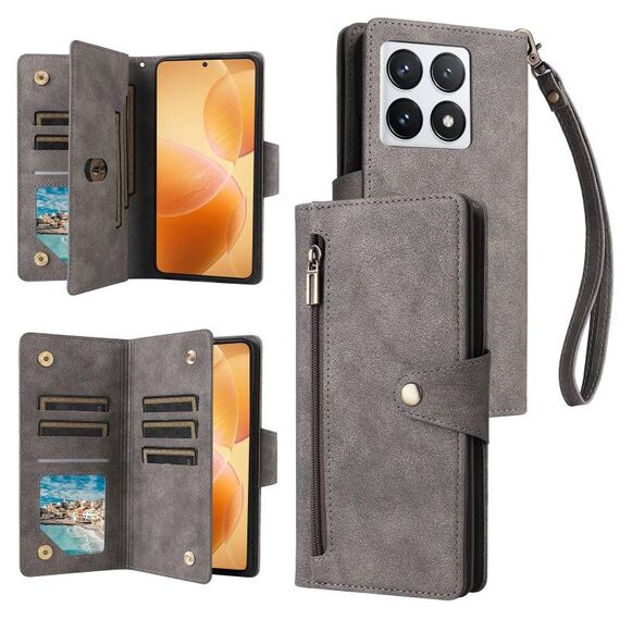 Per Xiaomi 14T Pro Global Rivet Buckle 9 carte Custodia in pelle a tre pieghe per telefono (grigio)