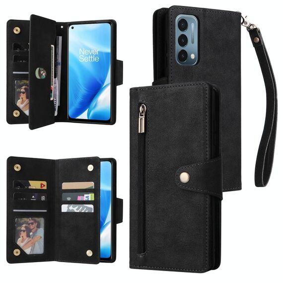 Per OnePlus Nord 200 5G Rivet Buckle 9 carte Custodia in pelle a tre pieghe per telefono (nero)