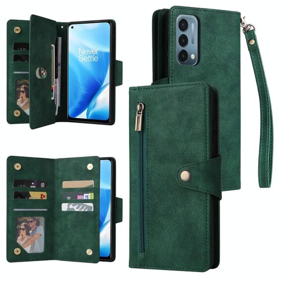 Per OnePlus Nord 200 5G Rivet Buckle 9 carte Custodia in pelle a tre pieghe per telefono (verde)