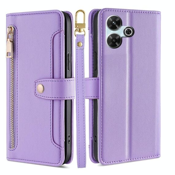 Per Redmi 13 4G Custodia per telefono in pelle con cerniera a tracolla con texture di pecora (viola)