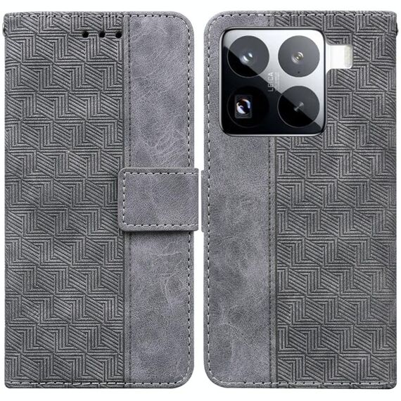 Per Xiaomi 15 Pro Custodia per telefono in pelle con motivo geometrico in rilievo (grigio)