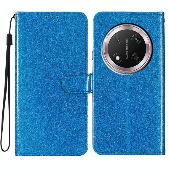 Custodia per telefono in pelle flip glitterata per Honor X9c 5G (blu)