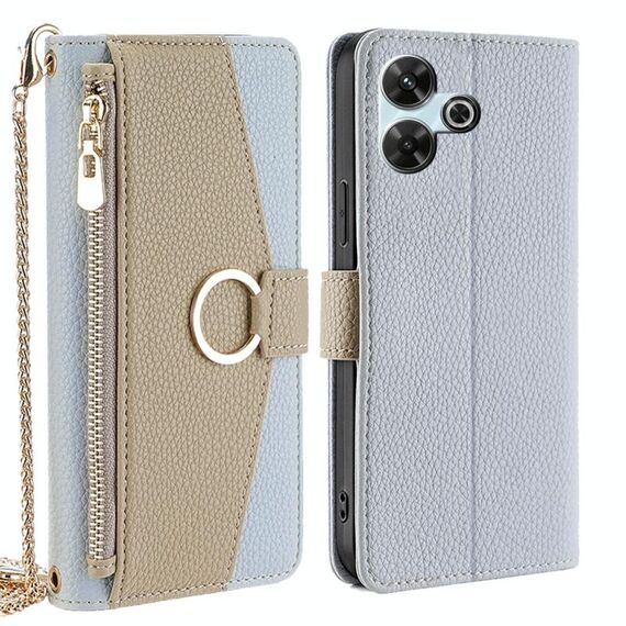 Per Redmi 13 4G Custodia a tracolla in pelle con texture Litchi (blu)