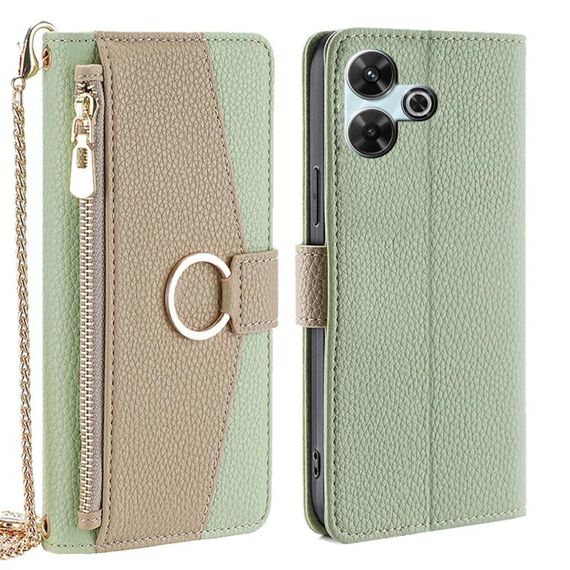 Per Redmi 13 4G Custodia a tracolla in pelle con texture Litchi (verde)