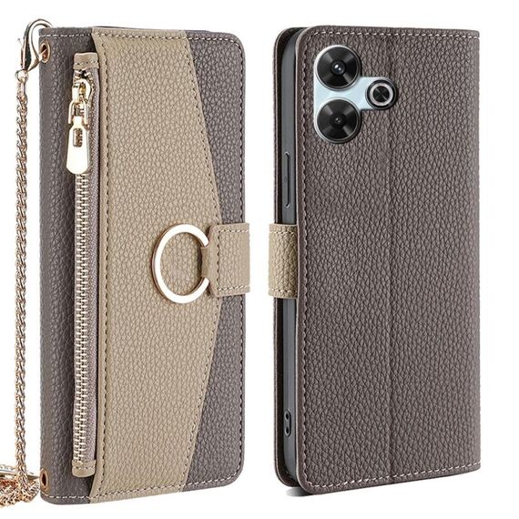 Per Redmi 13 4G Crossbody Litchi Texture Custodia in pelle per telefono (grigio)