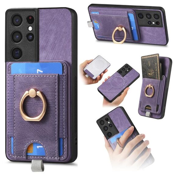 Per Samsung Galaxy S25 Ultra 5G Retro Custodia per telefono in pelle con porta carte magnetico divisibile (viola)