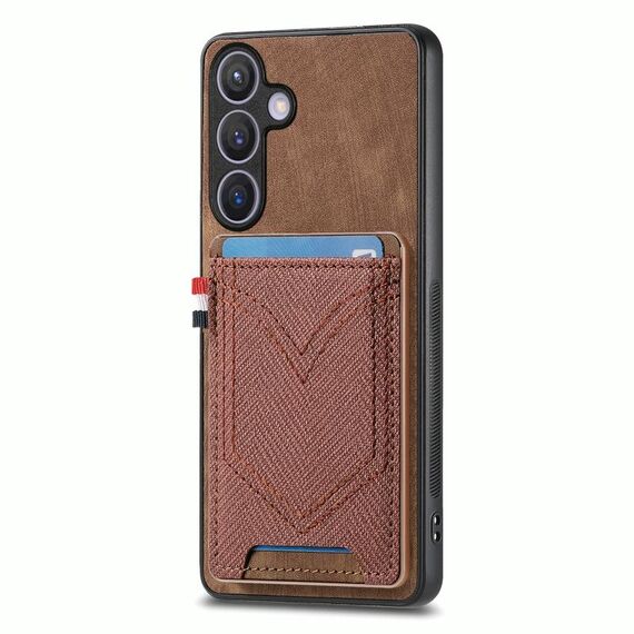 Per Samsung Galaxy S25 5G Custodia in pelle con texture denim e slot per schede (marrone)