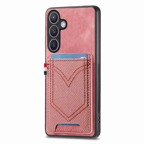 Per Samsung Galaxy S25 5G Custodia in pelle con texture denim e slot per schede (rosa)