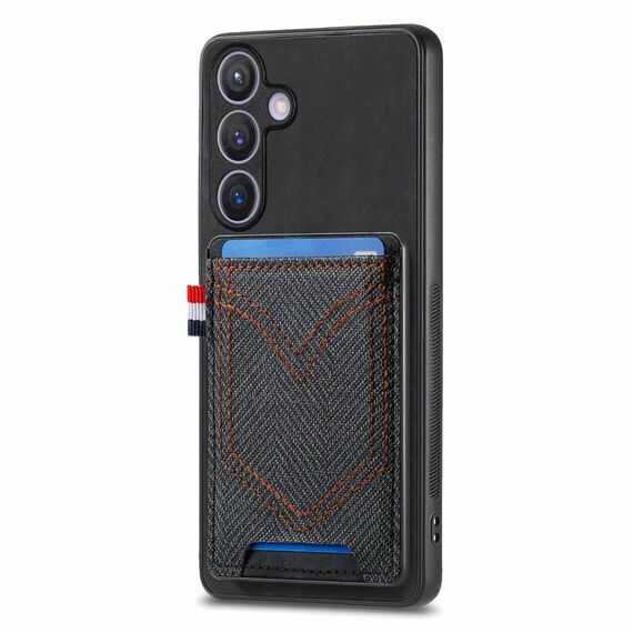 Per Samsung Galaxy S25+ 5G Custodia in pelle con texture denim e slot per schede (nero)