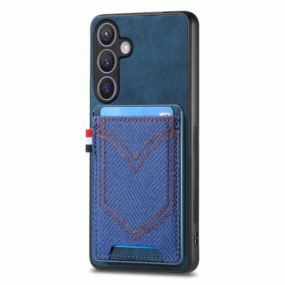 Per Samsung Galaxy S25+ 5G Custodia in pelle con texture denim e slot per schede (blu)