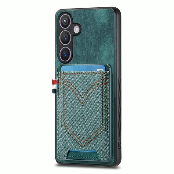 Per Samsung Galaxy S25+ 5G Custodia in pelle con texture denim e slot per schede (verde)