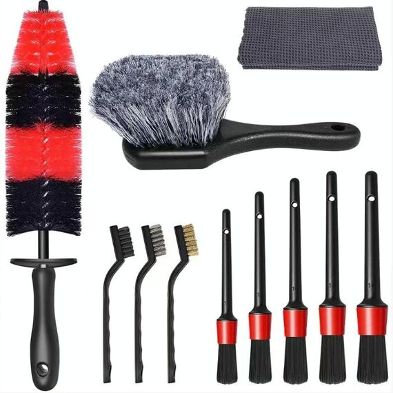 11 pezzi/set spazzola per la pulizia delle fessure per autolavaggio con manico corto (rosso)