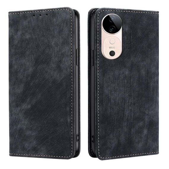Per vivo S19 Custodia per telefono in pelle magnetica con spazzola antifurto RFID (nero)