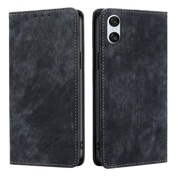 Per Sony Xperia 10 VI Custodia per telefono in pelle magnetica con spazzola antifurto RFID (nera)