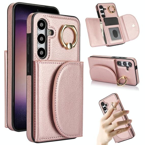 Per Samsung Galaxy S25 5G Custodia per telefono con anello e porta carte, effetto pelle (oro rosa)