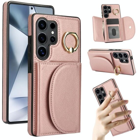 Per Samsung Galaxy S25 Ultra 5G Custodia per telefono con supporto ad anello e motivo a pelle (oro rosa)