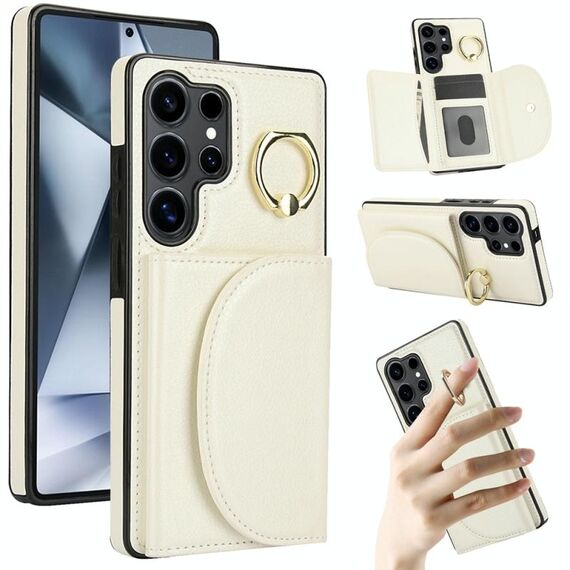Per Samsung Galaxy S25 Ultra 5G Custodia per telefono con supporto ad anello e carte di credito (bianca)