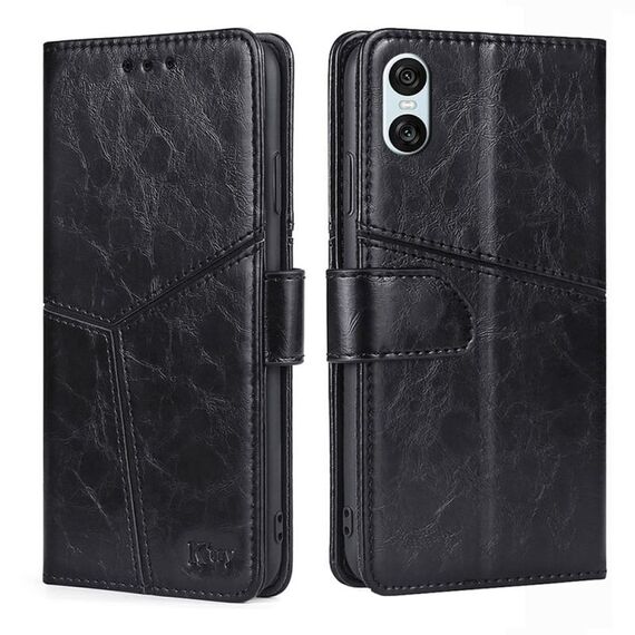 Per Sony Xperia 10 VI Custodia in pelle con cuciture geometriche (nero)