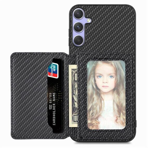 Per Samsung Galaxy S25 5G Custodia per telefono con blocco RFID e porta carte magnetico in fibra di carbonio (nero)