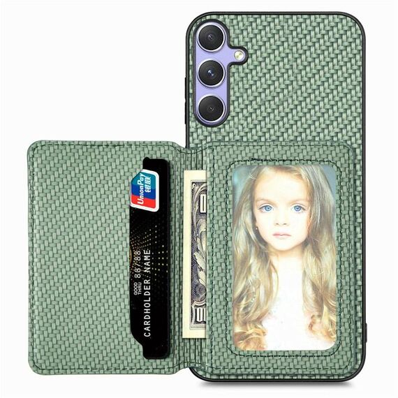 Per Samsung Galaxy S25 5G Custodia per telefono con blocco RFID e porta carte magnetiche in fibra di carbonio (verde)