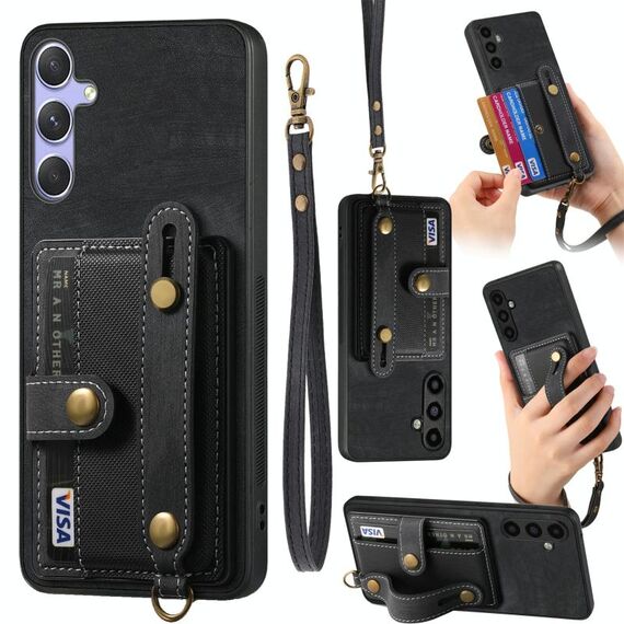 Per Samsung Galaxy S25+ 5G Retro Cross Wristband Portafoglio Custodia in Pelle per Telefono (Nero)