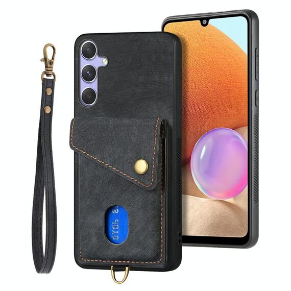 Per Samsung Galaxy S25 5G Retro Card Wallet Fold Custodia in pelle per telefono con cinturino (nero)