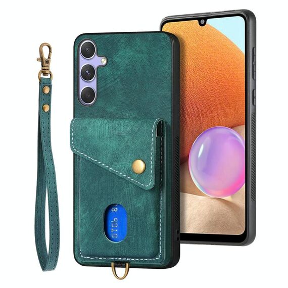 Per Samsung Galaxy S25 5G Retro Card Wallet Fold Custodia in pelle per telefono con cinturino (verde)