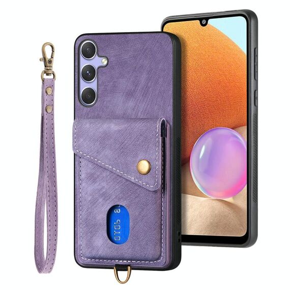 Per Samsung Galaxy S25+ 5G Retro Card Wallet Fold Custodia in pelle per telefono con cinturino (viola)