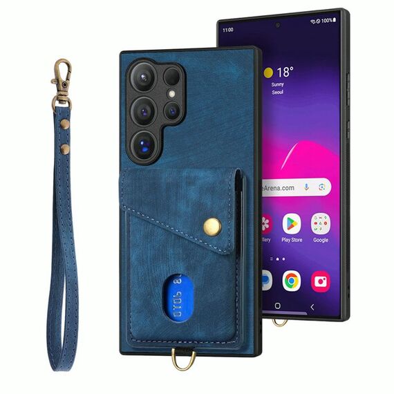 Per Samsung Galaxy S25 Ultra 5G Retro Card Wallet Fold Custodia in pelle per telefono con cinturino (blu)