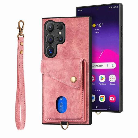 Per Samsung Galaxy S25 Ultra 5G Retro Card Wallet Fold Custodia in pelle per telefono con cinturino (rosa)