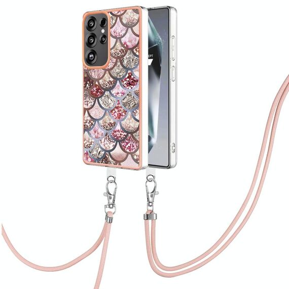 Per Samsung Galaxy S25 Ultra 5G Custodia antiurto in TPU IMD con motivo galvanico e cordino per il collo (squame rosa)