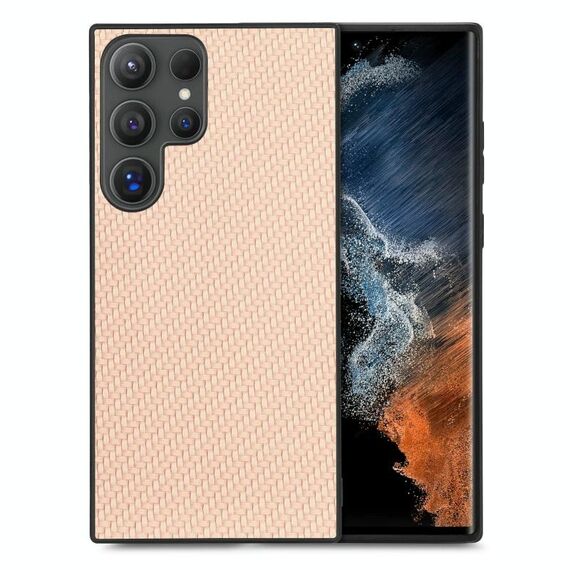 Per Samsung Galaxy S25 Ultra 5G Custodia per telefono con cover posteriore in pelle con trama in fibra di carbonio (cachi)