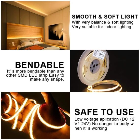 Striscia LED COB adesiva 1m 24V, 320 LED, 12W, 6000K, larghezza 8mm