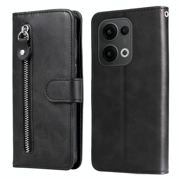 Per OPPO Reno13 Global Fashion Custodia per telefono in pelle con cerniera e texture in vitello (nero)