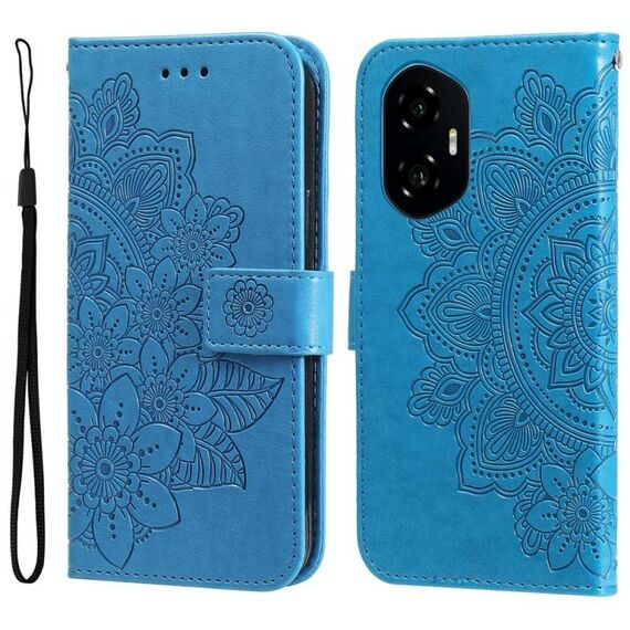 Custodia in pelle per telefono con stampa a fiori a sette petali per Honor 300 (blu)