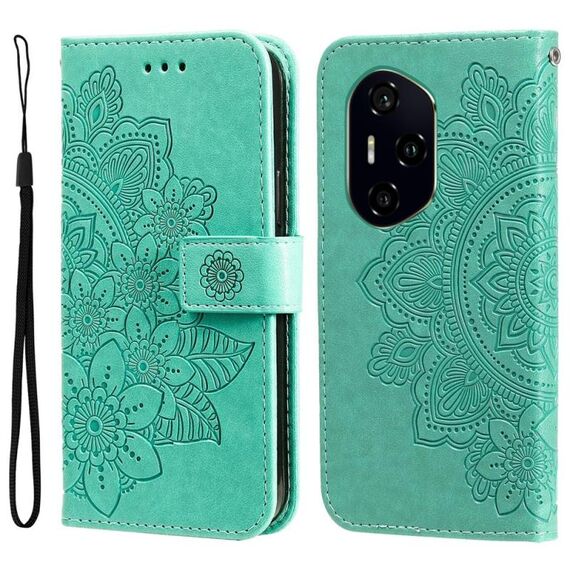 Custodia in pelle con stampa a fiori a sette petali per Honor 300 Pro (verde)