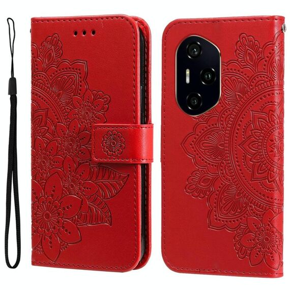 Custodia in pelle con stampa a fiori a sette petali per Honor 300 Pro (rosso)