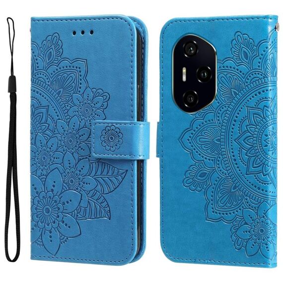 Custodia in pelle con stampa a fiori a sette petali per Honor 300 Ultra (blu)