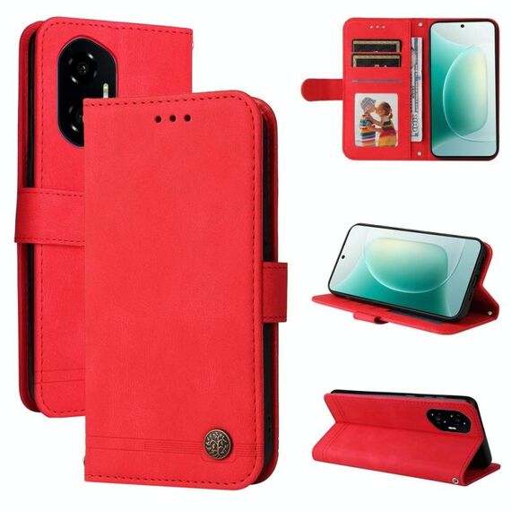 Custodia per telefono in pelle con bottone in metallo e motivo albero della vita per Honor 300 (rosso)