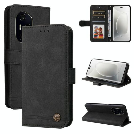 Custodia per telefono in pelle con bottoni in metallo e motivo albero della vita per Honor 300 Pro (nero)