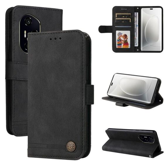 Custodia per telefono in pelle con bottone in metallo Life Tree For Honor 300 Ultra Skin Feel (nero)