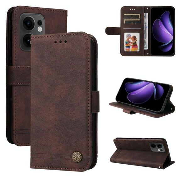 Per OPPO Reno13 F 4G / 5G Custodia in pelle con bottoni in metallo e motivo Life Tree (marrone)
