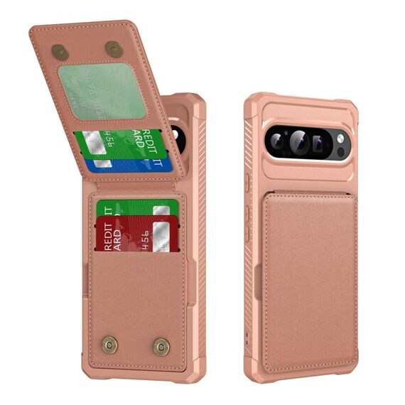 Per Google Pixel 9 Pro XL Custodia per telefono in pelle con supporto verticale a ribalta (oro rosa)